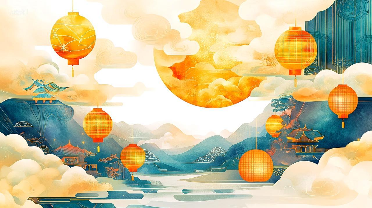 暖色背景赏月亮看花灯传统节日矢量插画