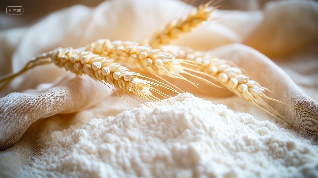 木制桌子上摆放的一堆小麦和面粉