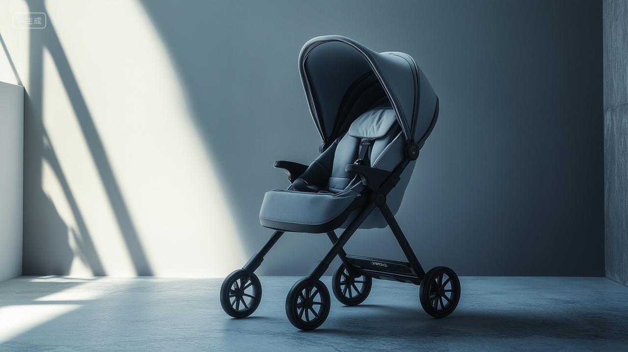 阳光照射进房间摆放着一辆灰色婴儿手推车