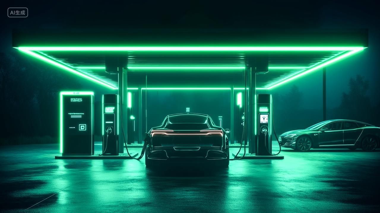 一辆智能新能源汽车在户外停车场充电桩充电