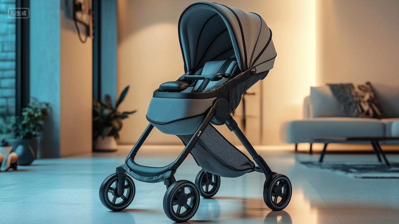 房间内放着一辆便携式灰色婴儿手推车