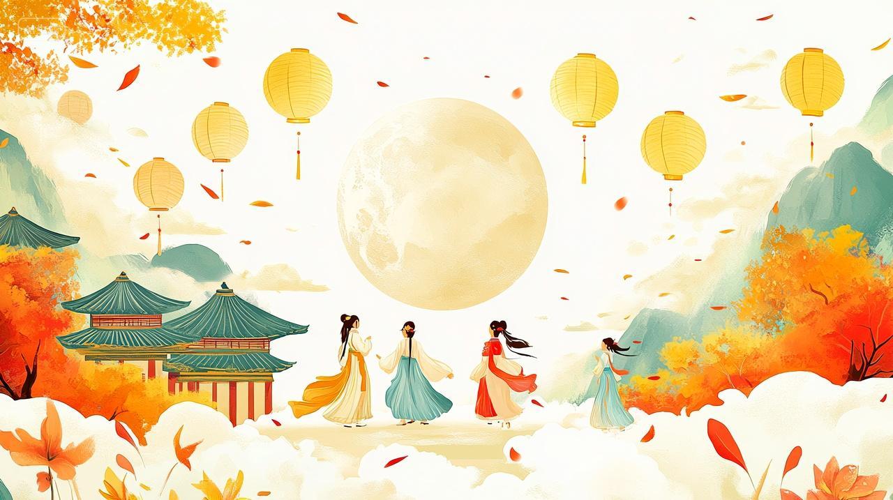 暖色背景赏月亮看花灯传统节日矢量插画