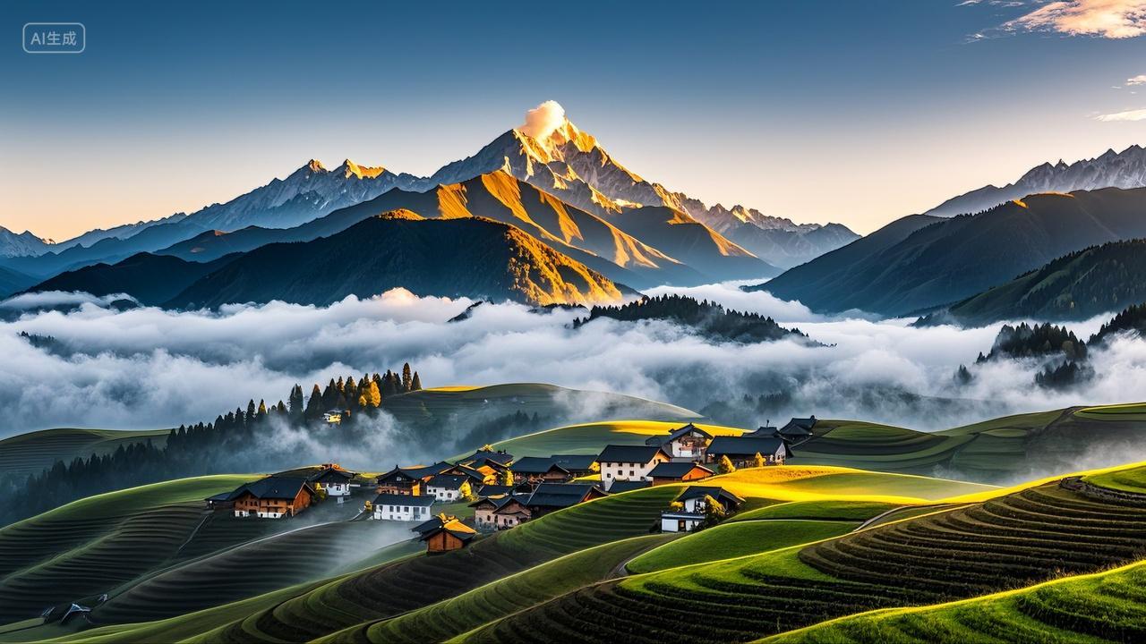 大山深处云雾缭绕的小村庄梯田风景壁纸