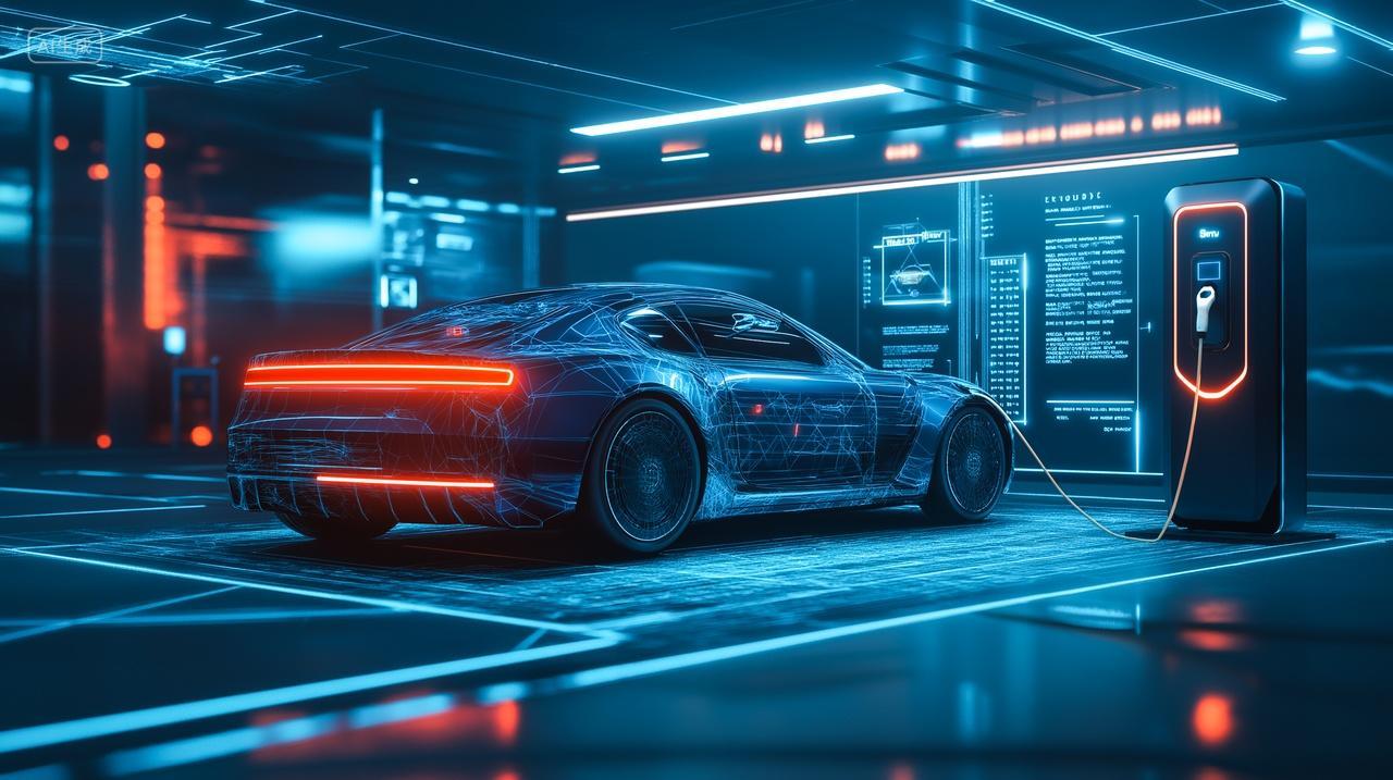 正在充电的新能源智能电动汽车科技线条概念背景图