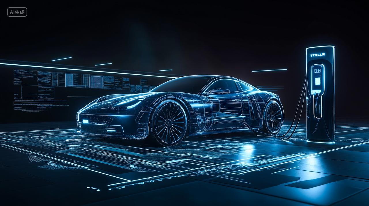 正在充电的新能源智能电动汽车科技线条概念背景图