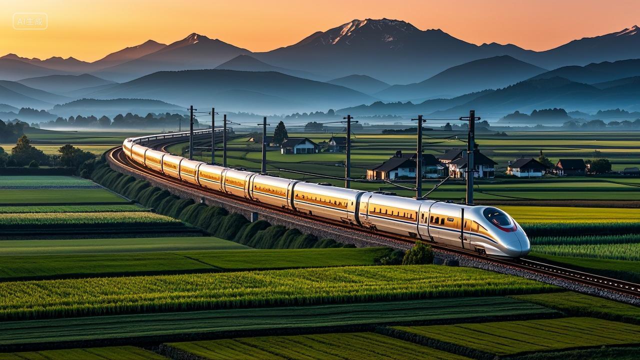 高铁列车穿越乡村田园交通运输中国发展