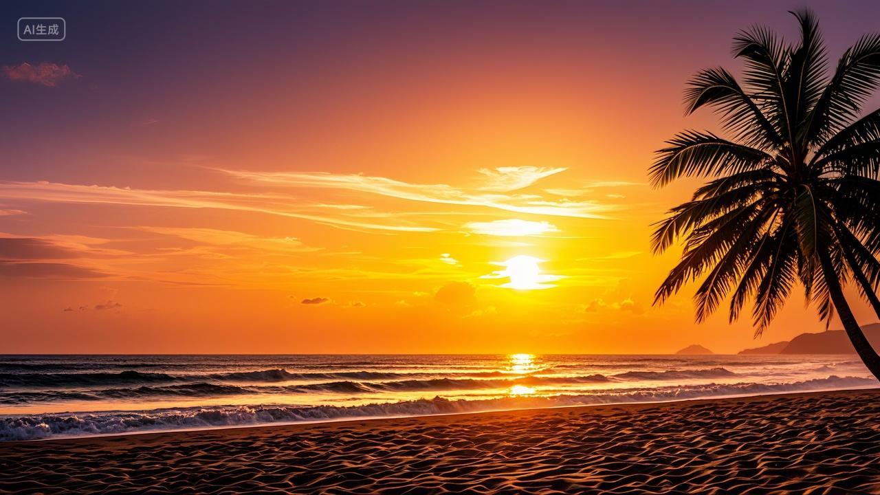大海日出日落沙滩椰树风景壁纸