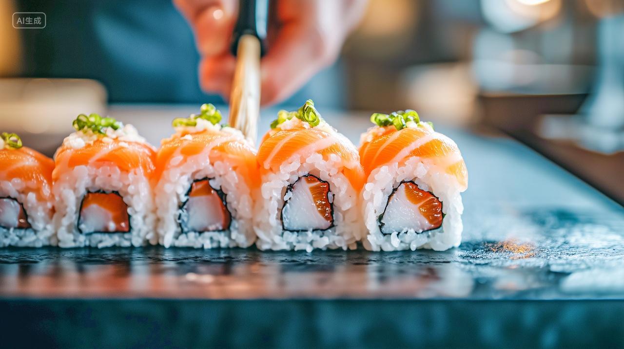 桌子上的基围虾海鲜寿司食物