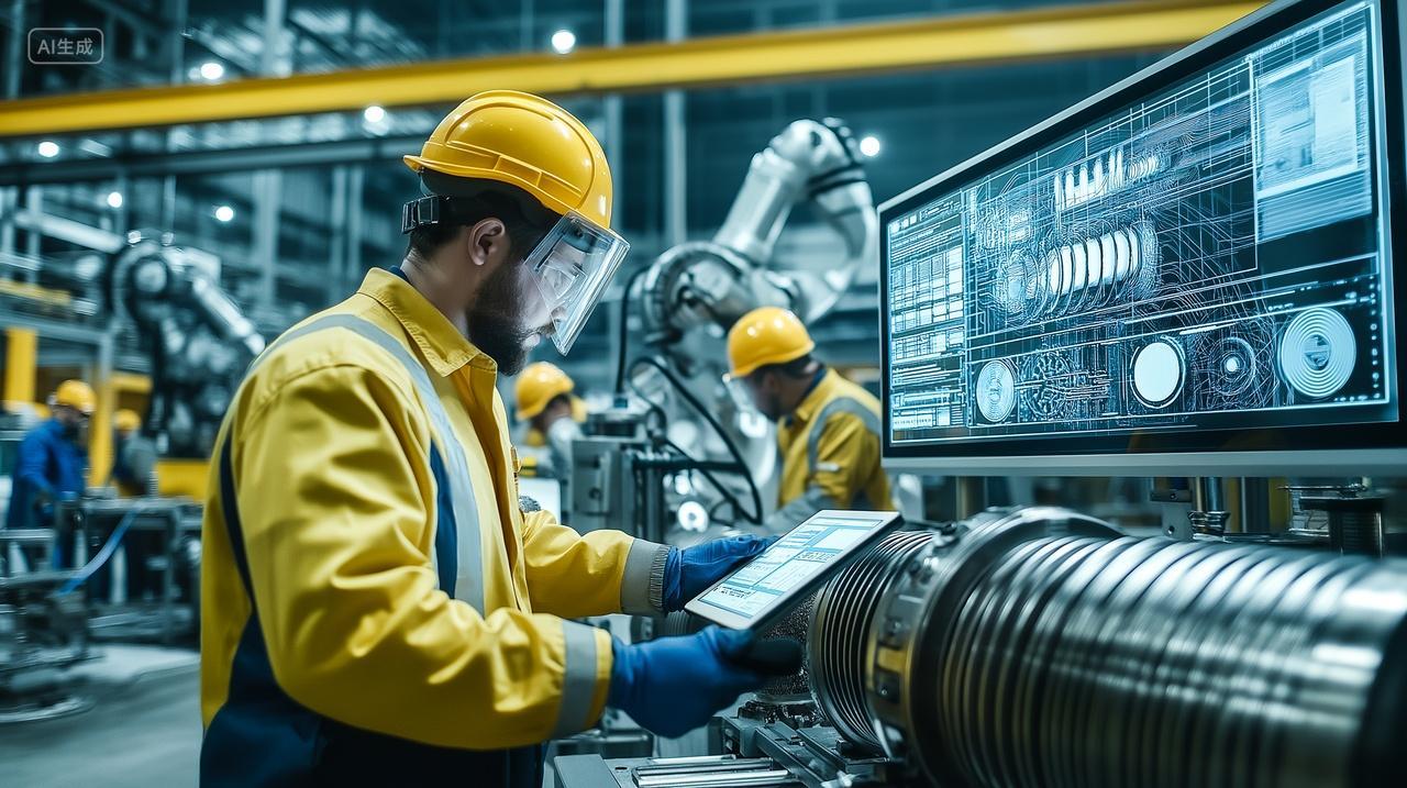 国外汽车技术员车间看骑车图纸设计智能化工厂