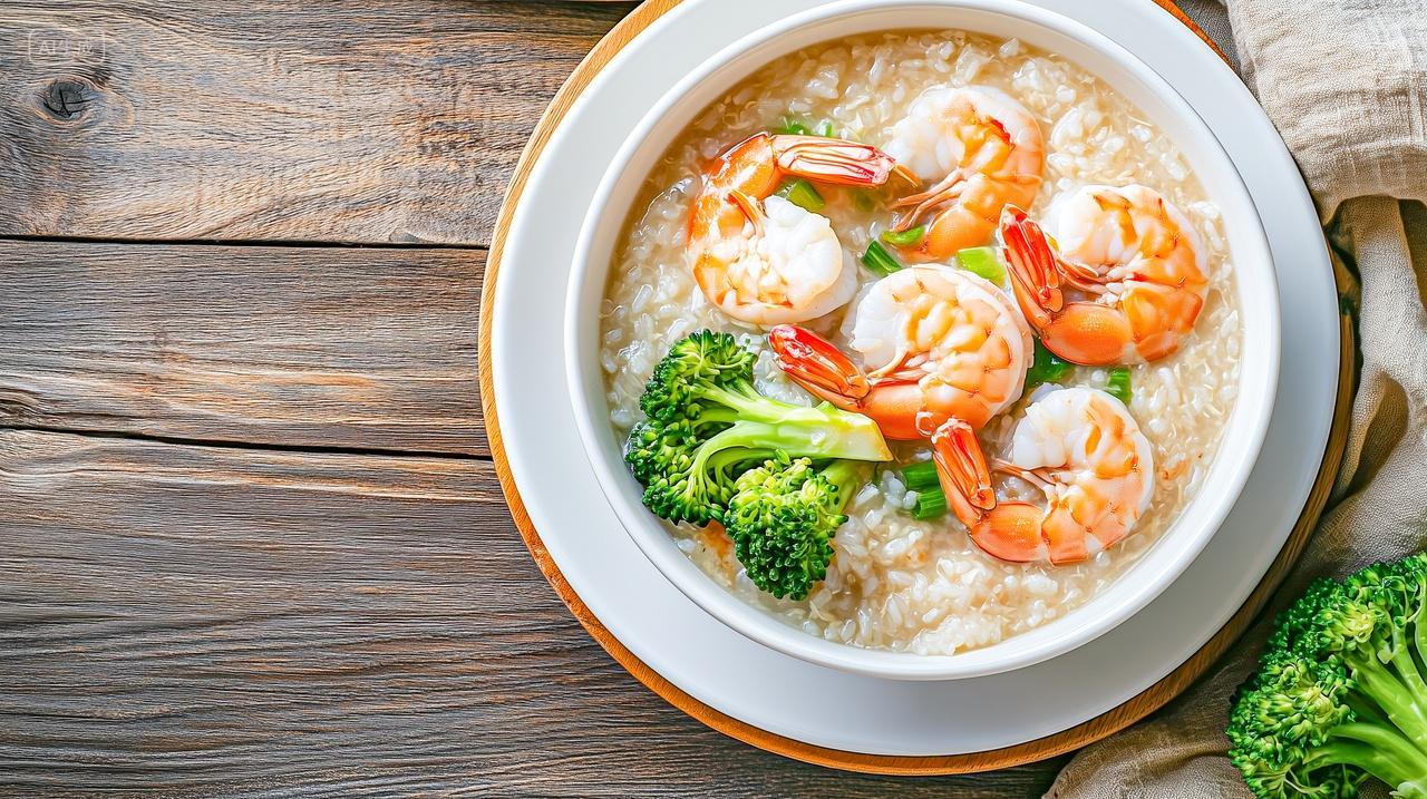 桌子上的一碗基围虾海鲜粥美食