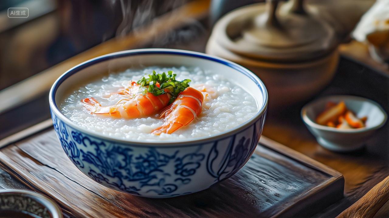 一碗基围虾海鲜粥美食