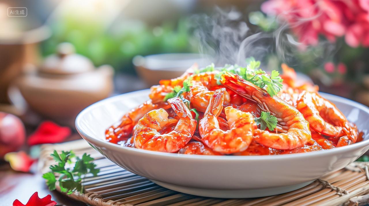 盘子里的一碗油焖大虾食物