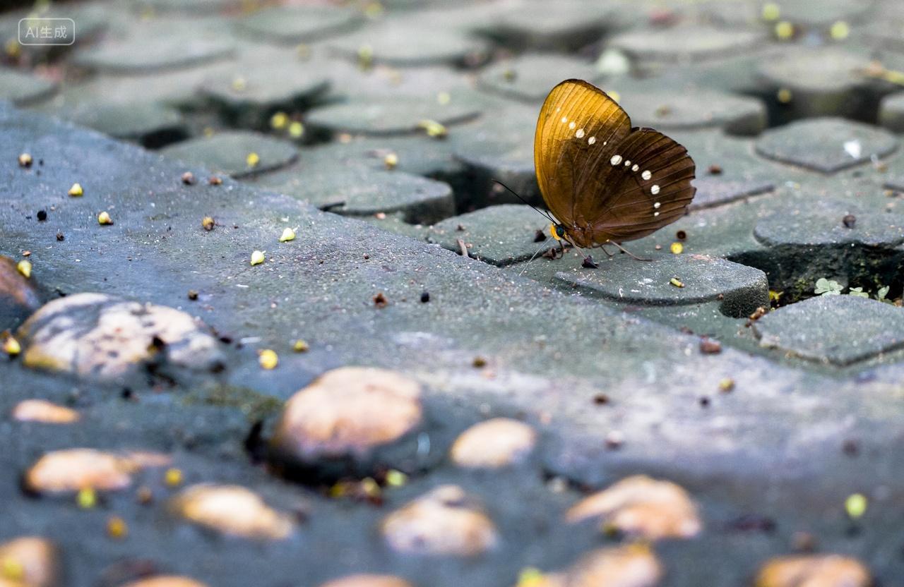 美丽的棕黄色蝴蝶在地上休息斑点翅膀