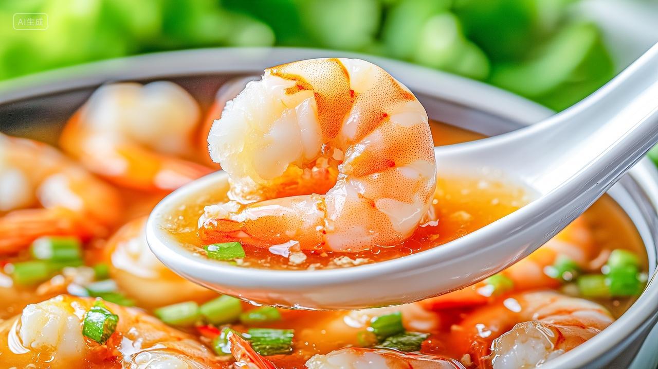 勺子里面的基围虾海鲜食物海鲜粥美食