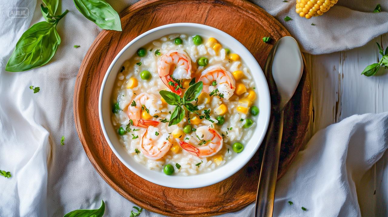 玉米海鲜基围虾海鲜粥美食宣传