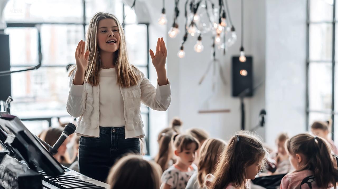 钢琴培训老师在给孩子们上钢琴课教育培训