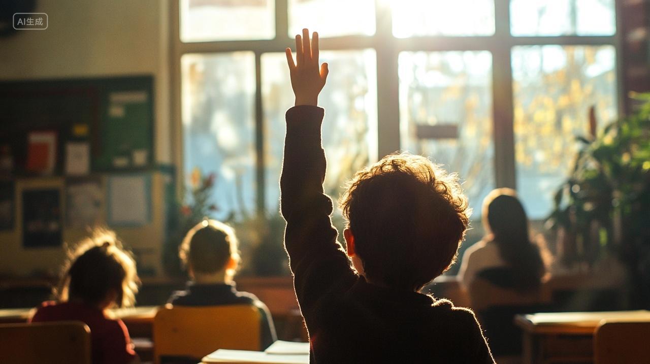 教室课堂上举手的小男孩小学教育