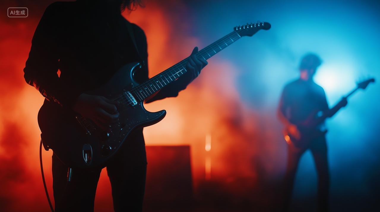 歌手夜晚在舞台上弹吉他贝斯