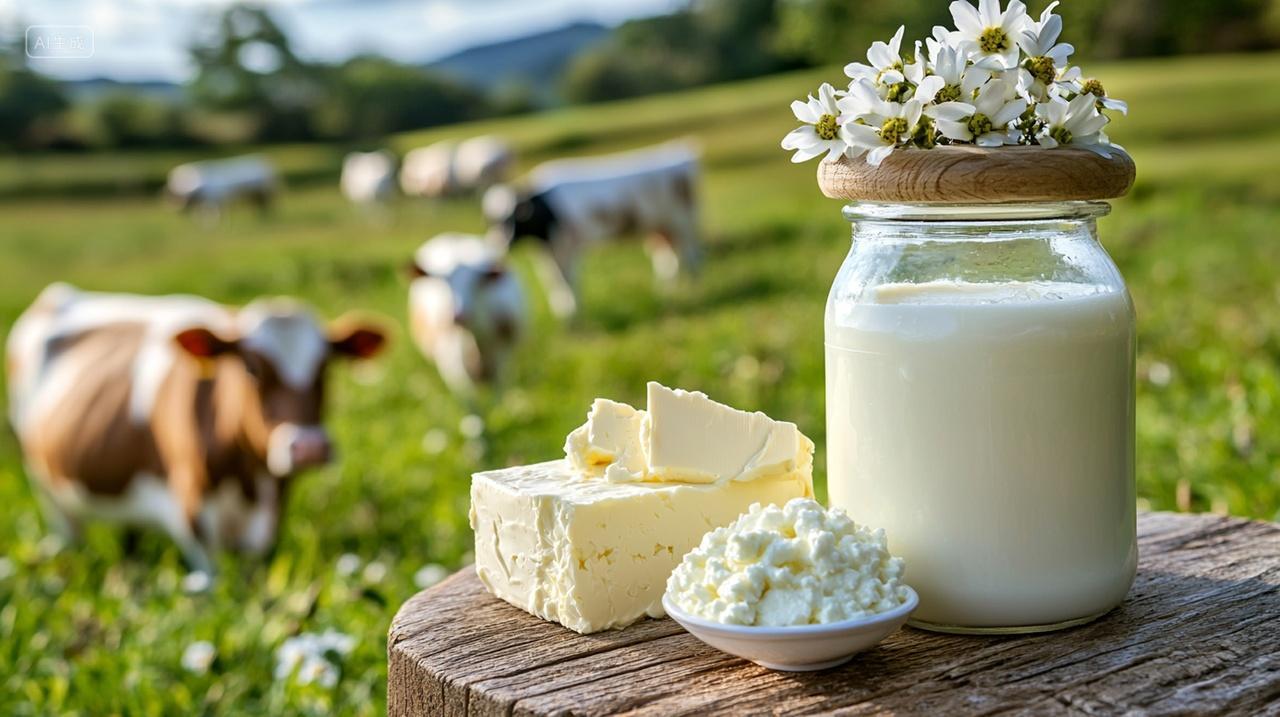 阳光下的奶牛牧场与乳制品