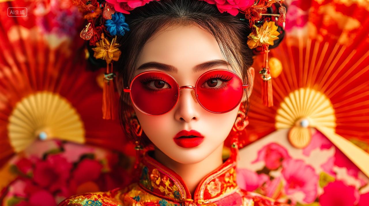 国潮美女折扇背景戴墨镜的美女写真集