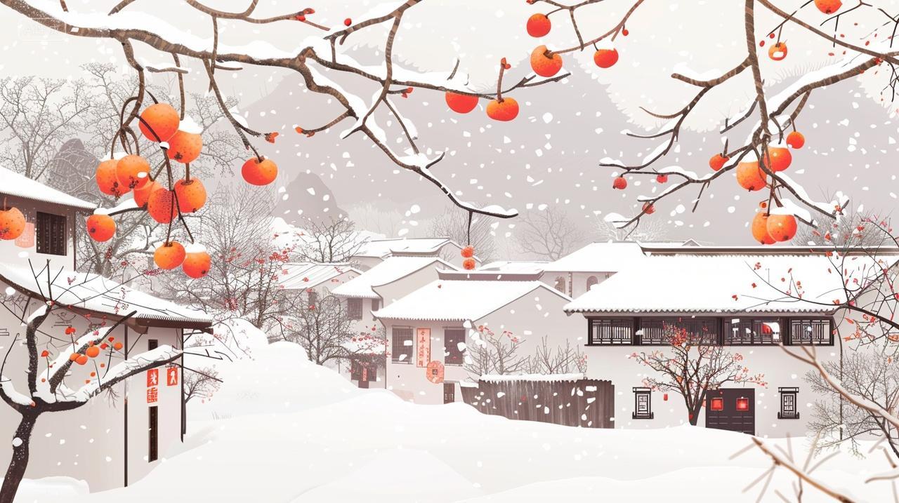 冬季古风柿子大雪美景霜降寒冷大雪小雪大寒小寒宁静素材插画
