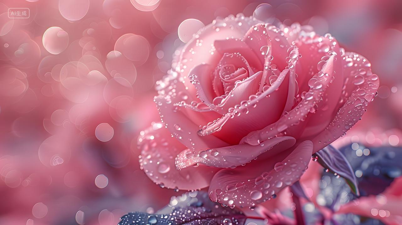 粉色玫瑰上的露珠特写壁纸