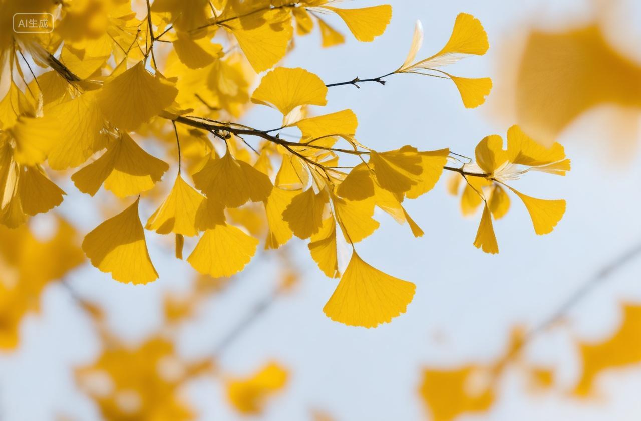 秋天银杏树叶叶子金黄秋意深秋