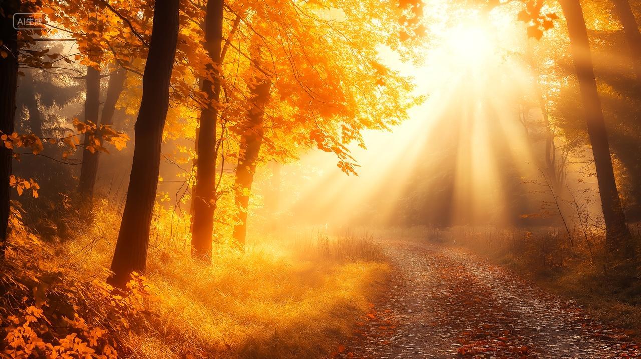 逆光立秋秋天阳光穿过树林森林小路电脑壁纸