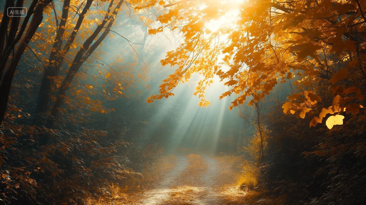立秋秋天森林阳光透过树叶秋天来了