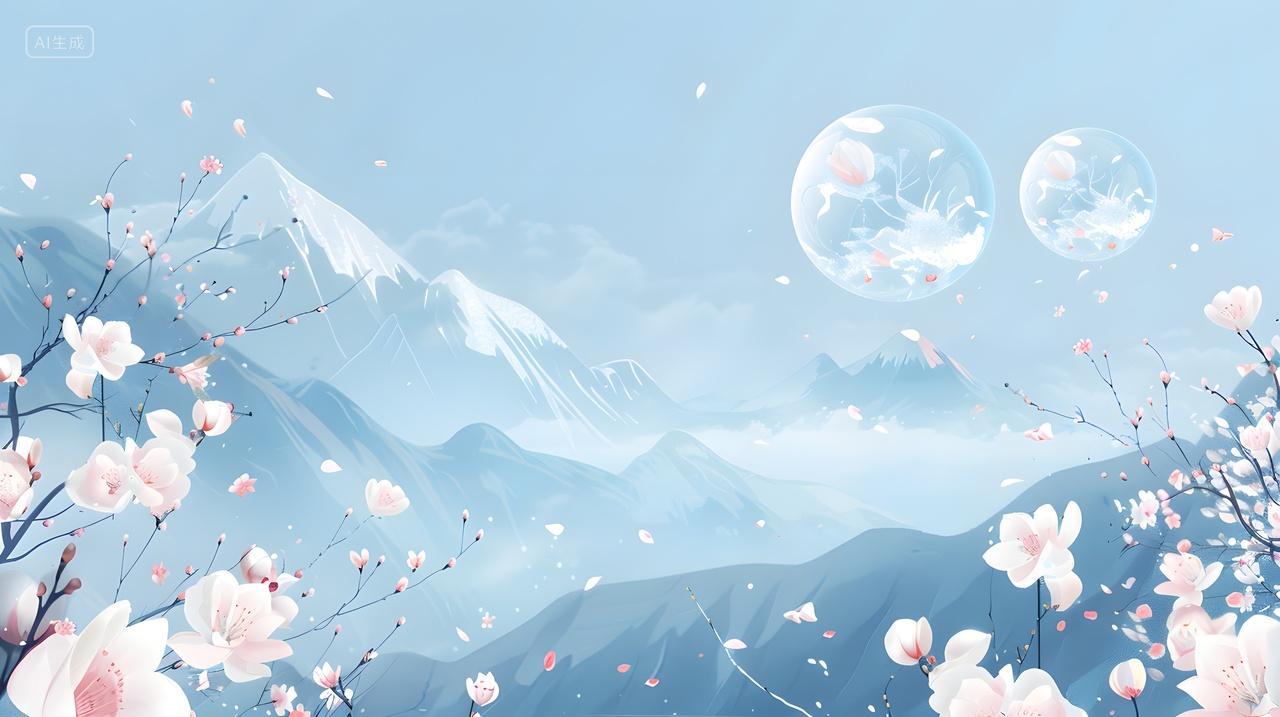 双月雪山与樱花风景