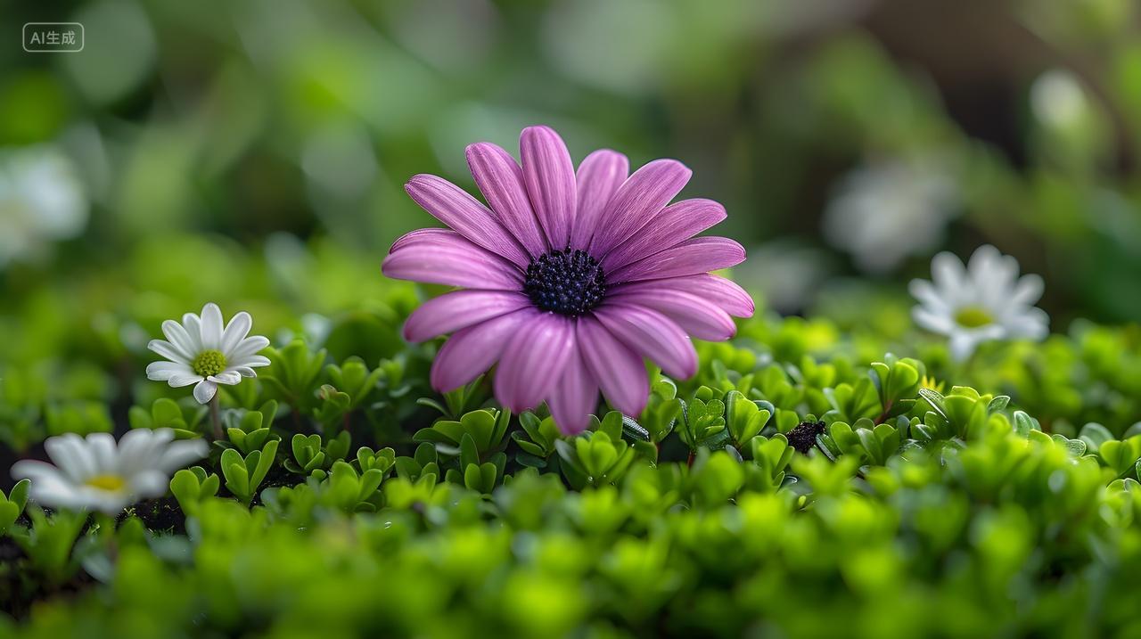 紫色雏菊与白色花朵的和谐共生自然风景