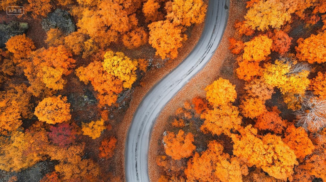 航拍唯美秋天森林蜿蜒公路美景电脑壁纸