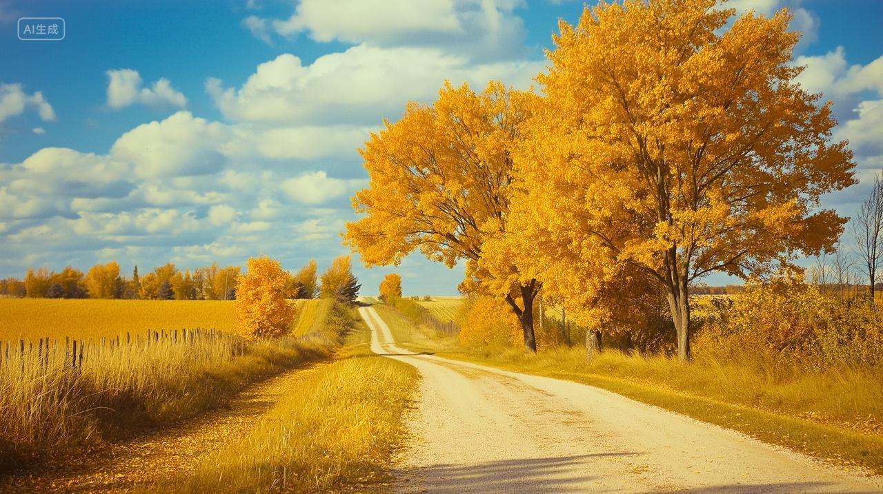 立秋蓝天白云安静小路树叶黄了唯美电脑壁纸