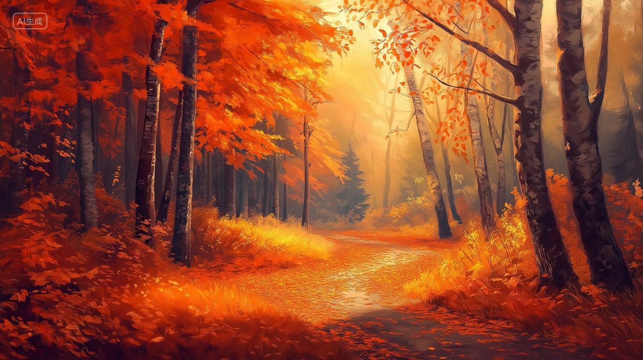 立秋森林红色枫树森林小路电脑壁纸