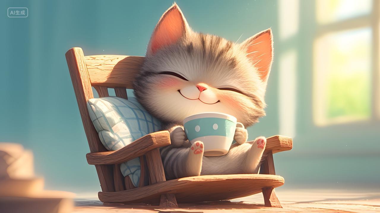 阳光下摇椅上的猫咪享受咖啡插画