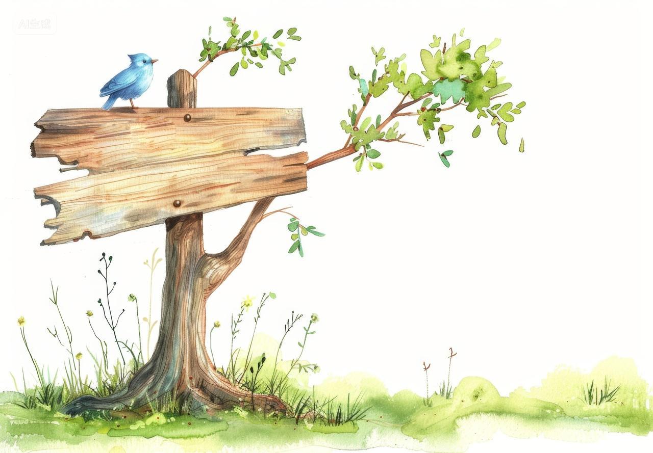 水彩卡通插图木质指示牌与站在树枝上的蓝色小鸟