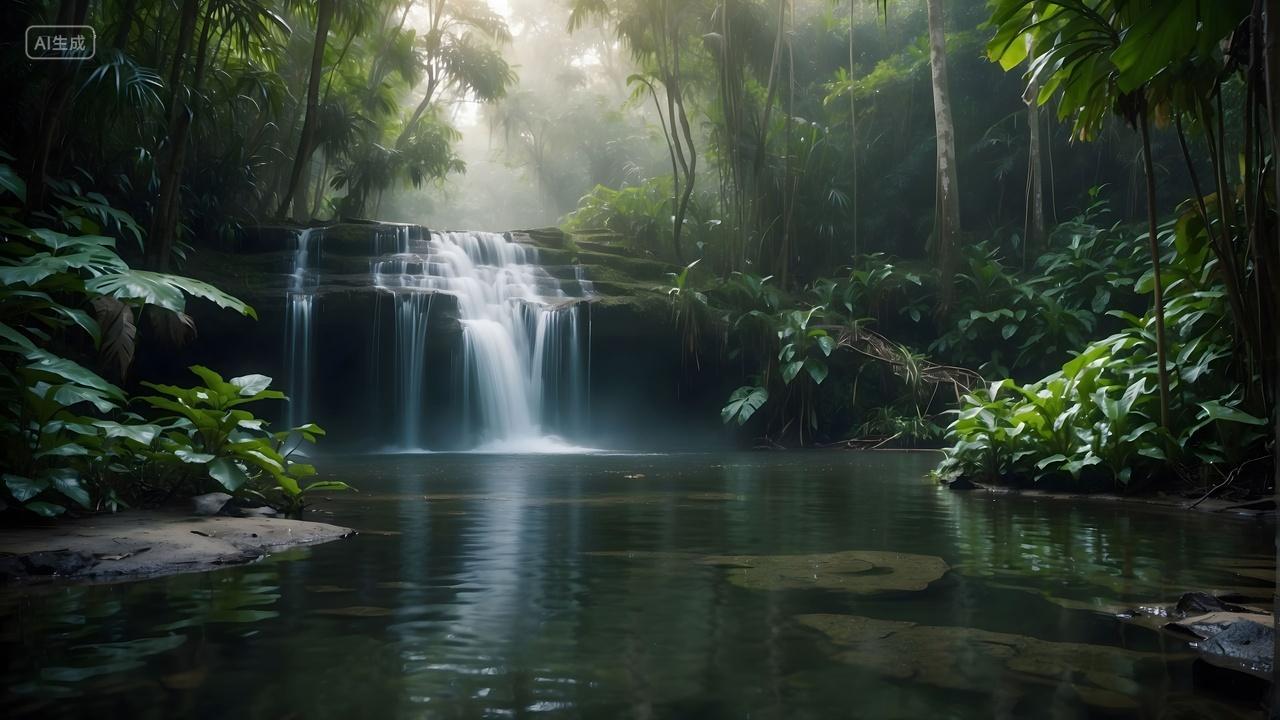 热带雨林中的宁静瀑布自然风光壁纸