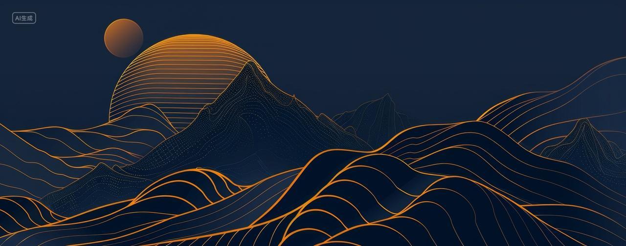 中秋节背景中国风抽象线条形成的山脉与金色月亮
