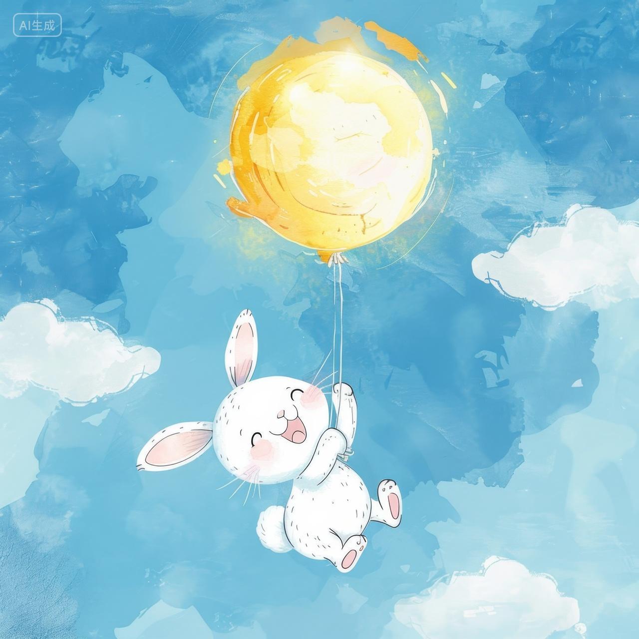 中秋节卡通插画拉着月亮向天空漂浮的兔子