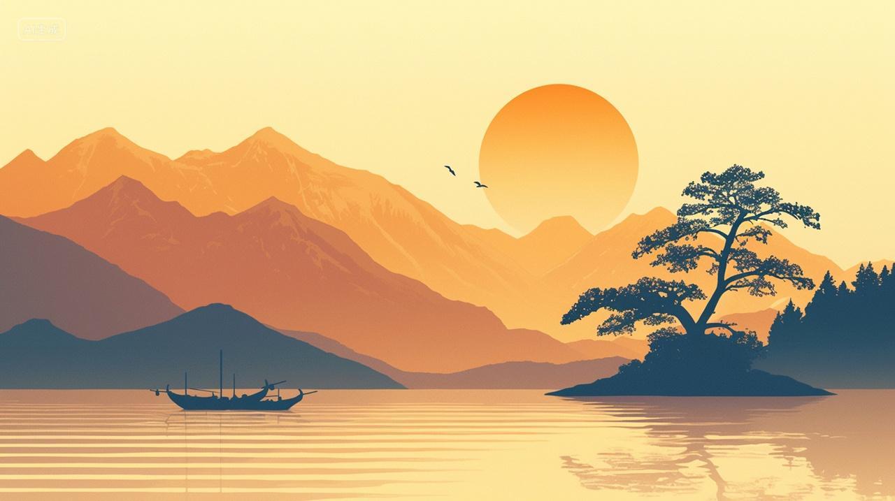中国风山水夕阳落日国潮插画背景