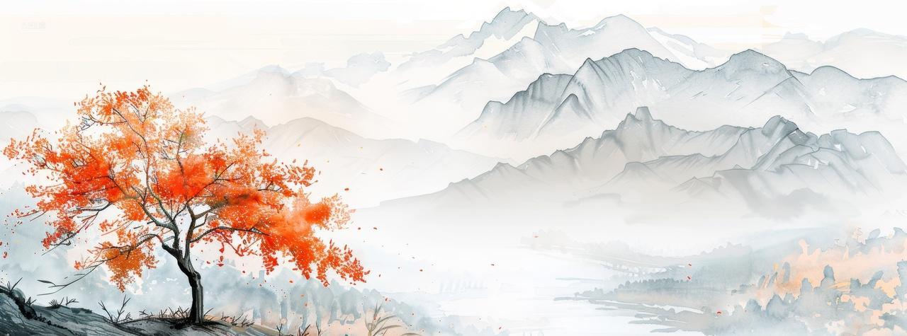 山间红枫与中国风山水意境背景