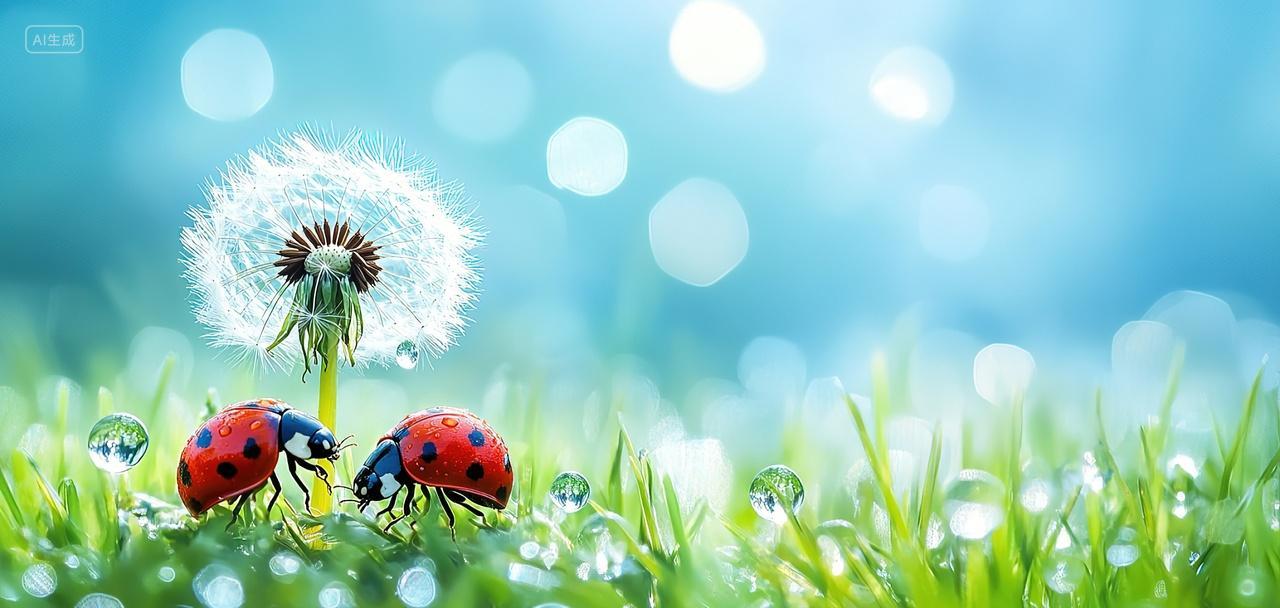 寒露背景草地上有两只七星飘虫