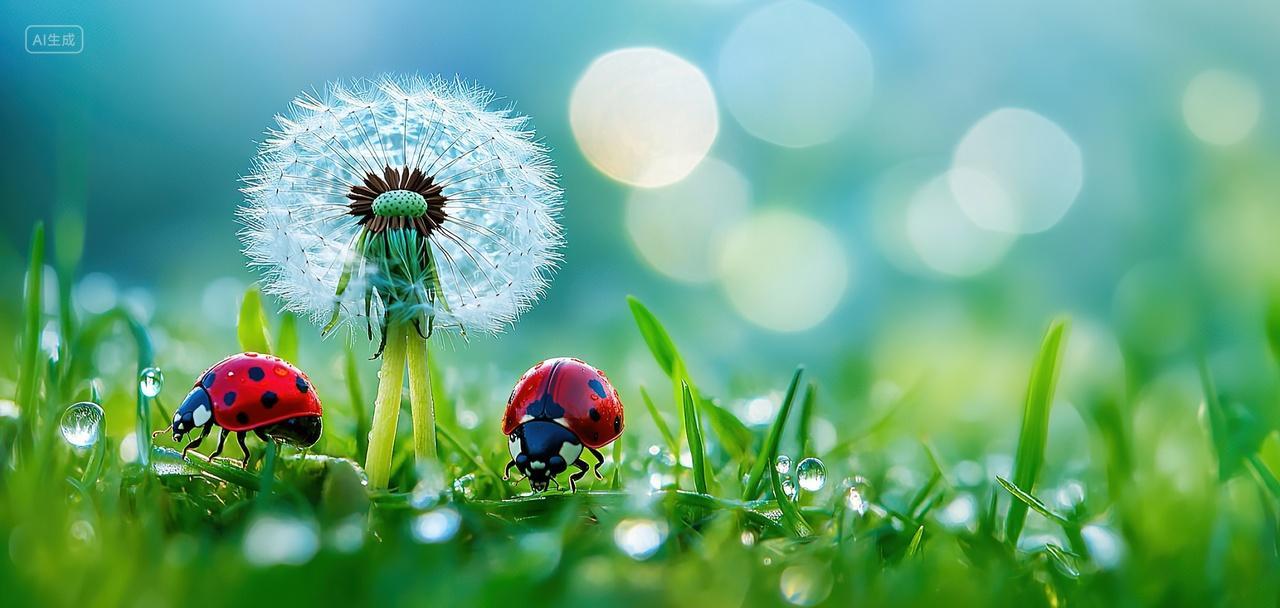 寒露背景草地上有两只七星飘虫二十四节气