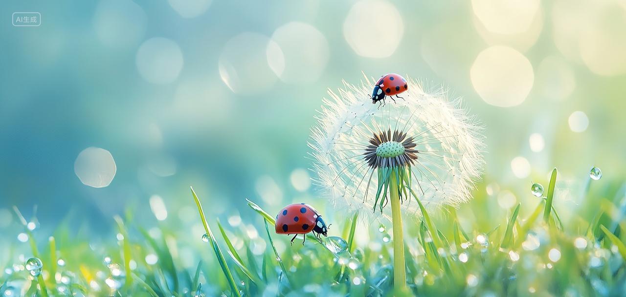 寒露背景草地上有两只七星瓢虫二十四节气