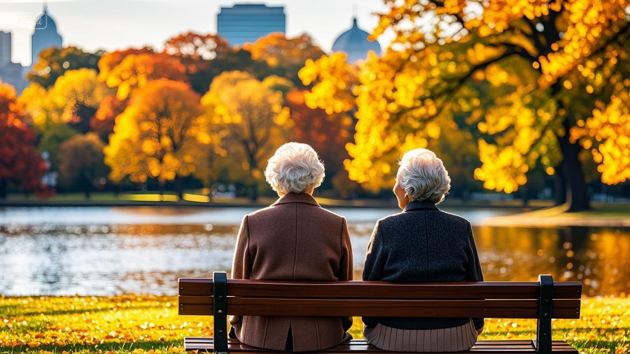 秋天老年人坐在公园长椅上看风景秋季立秋