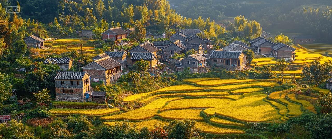 村庄里金黄色的梯田二十四节气背景