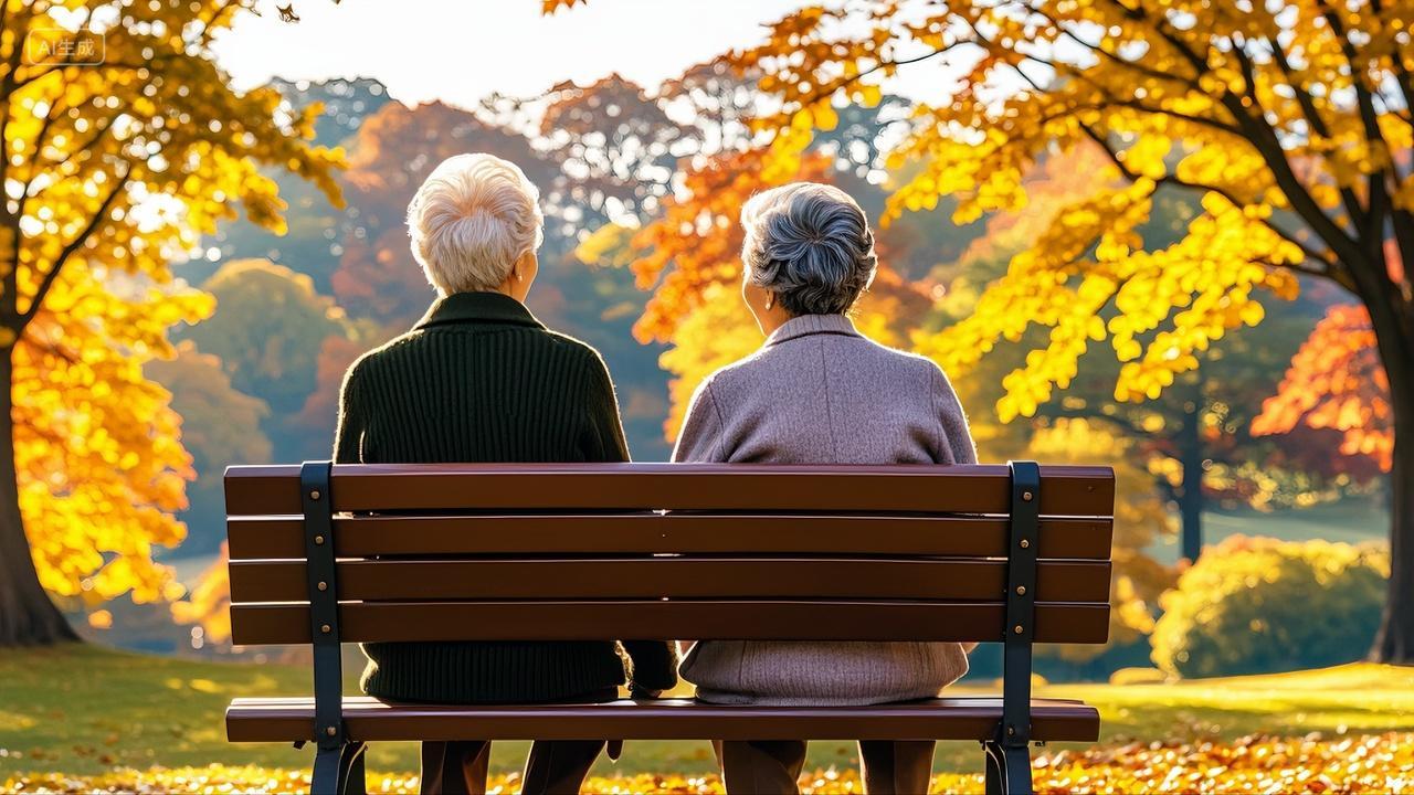秋天老年人坐在公园长椅上看风景秋季立秋