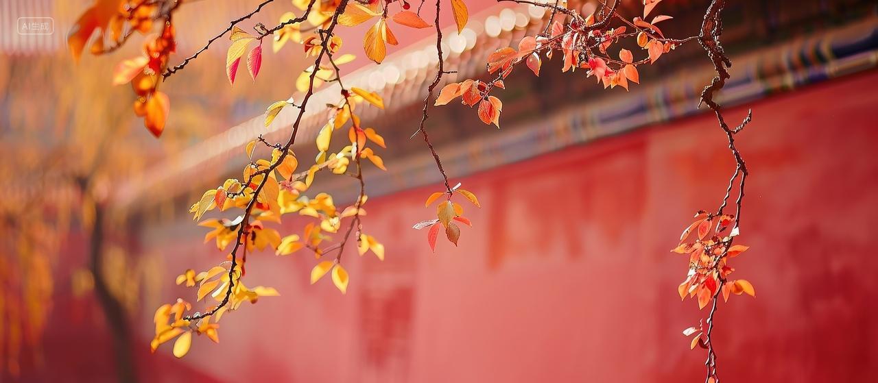 红色建筑屋檐上长出一支枫树叶白露秋分二十四节气