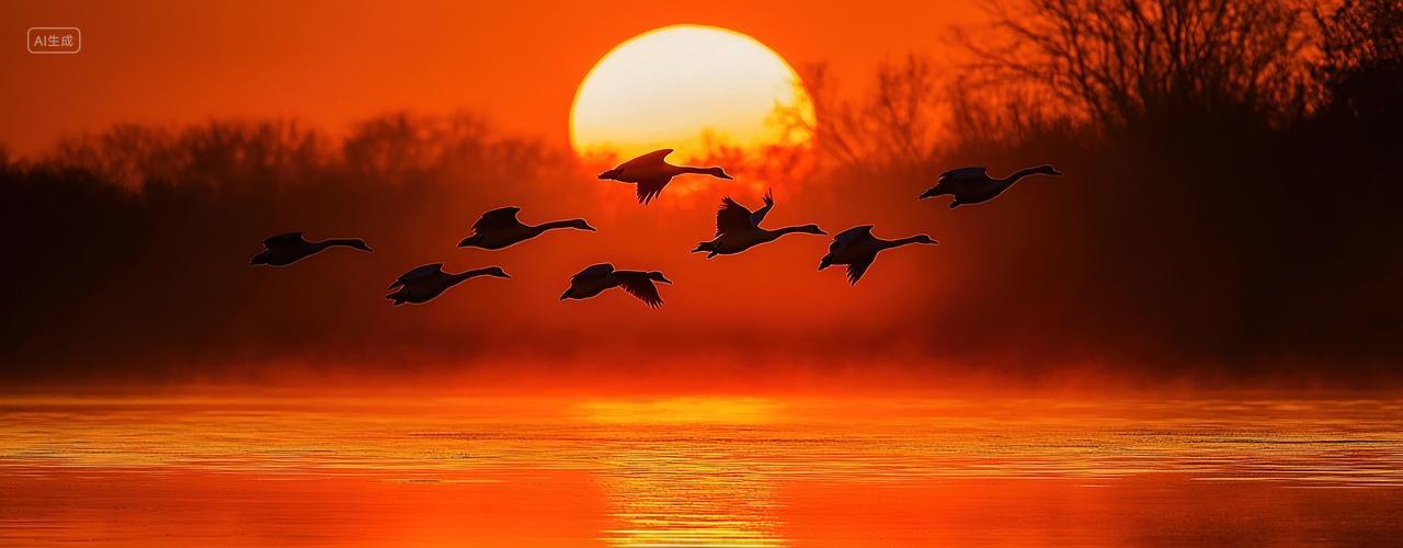 寒露背景夕阳下一群白鹭从湖面飞过二十四节气背景