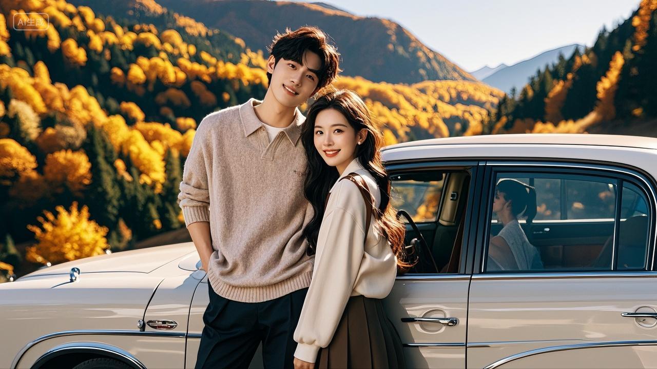 秋季情侣开车自驾游旅行出游旅游